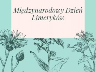 Międzynarodowy Dzień Limeryków napis na błękitnym tle z czarnymi kwiatami